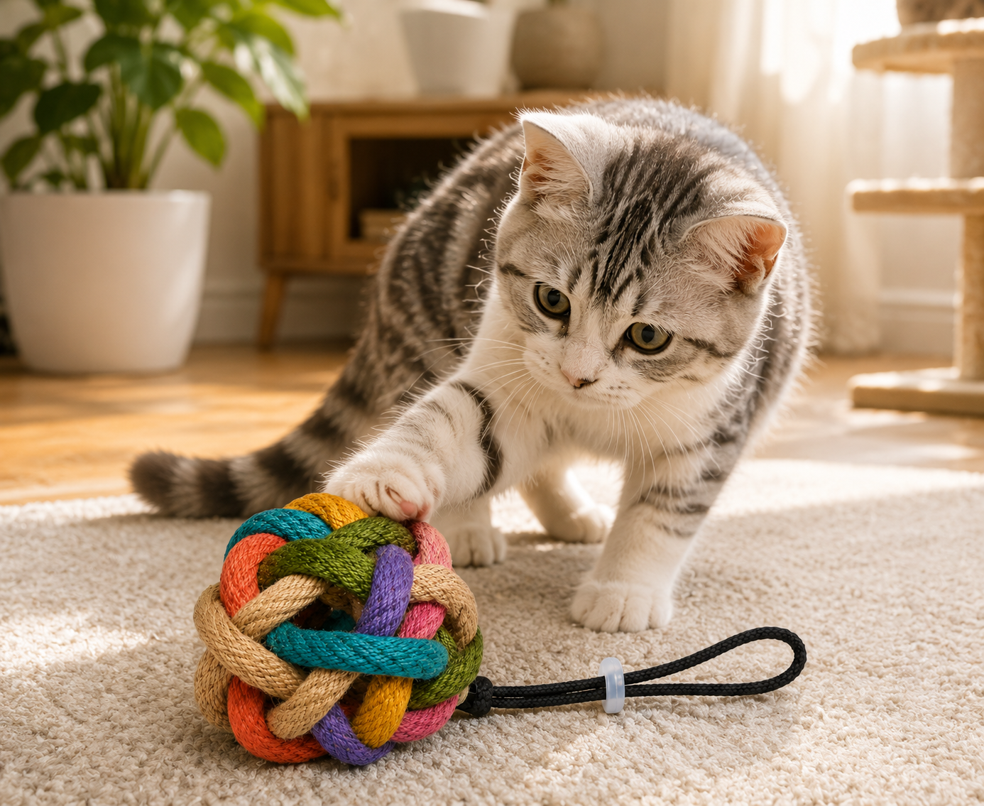 multicoloured woven knot ball cat toy with loop multicoloured woven knot ball cat toy with loop
