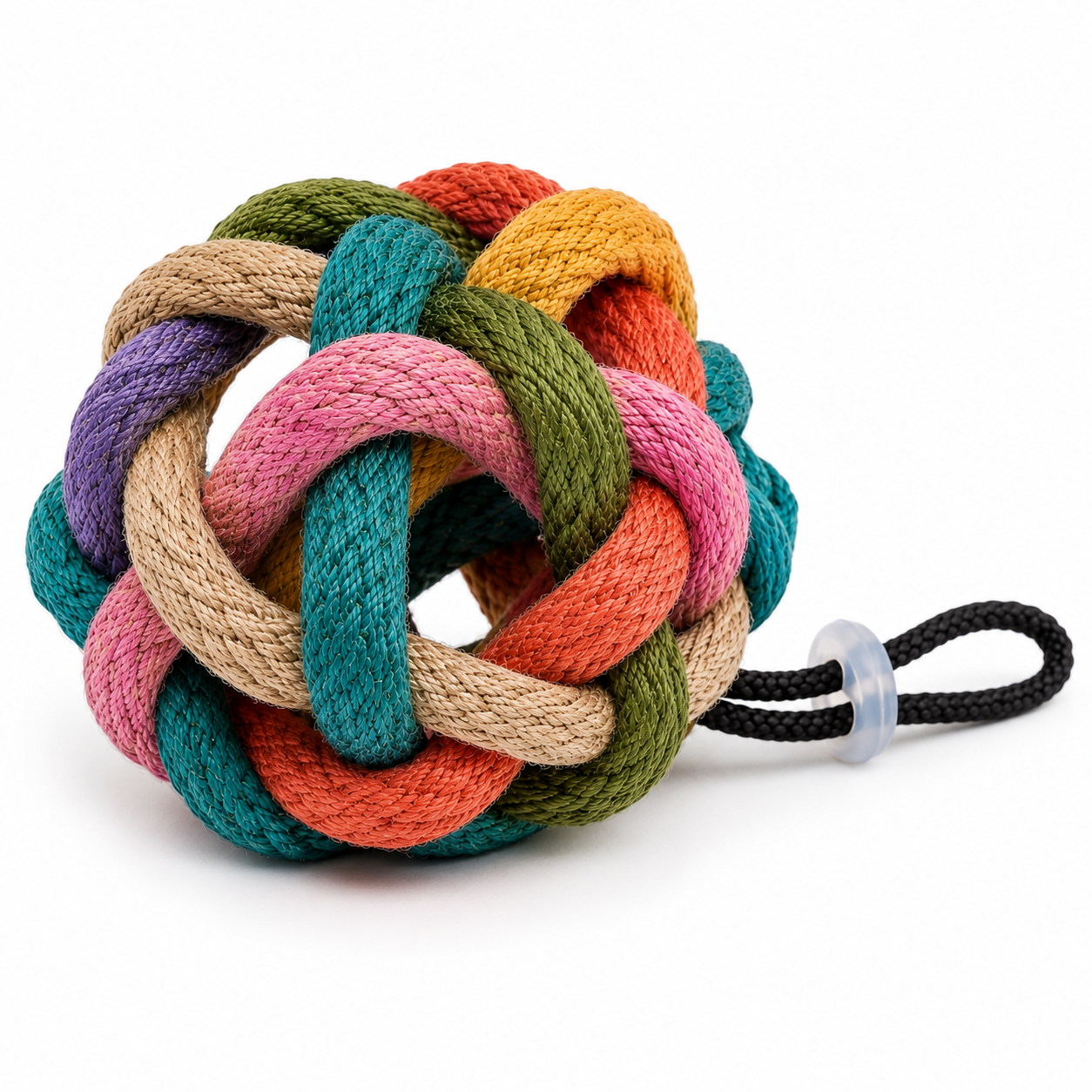multicoloured woven knot ball cat toy with loop multicoloured woven knot ball cat toy with loop