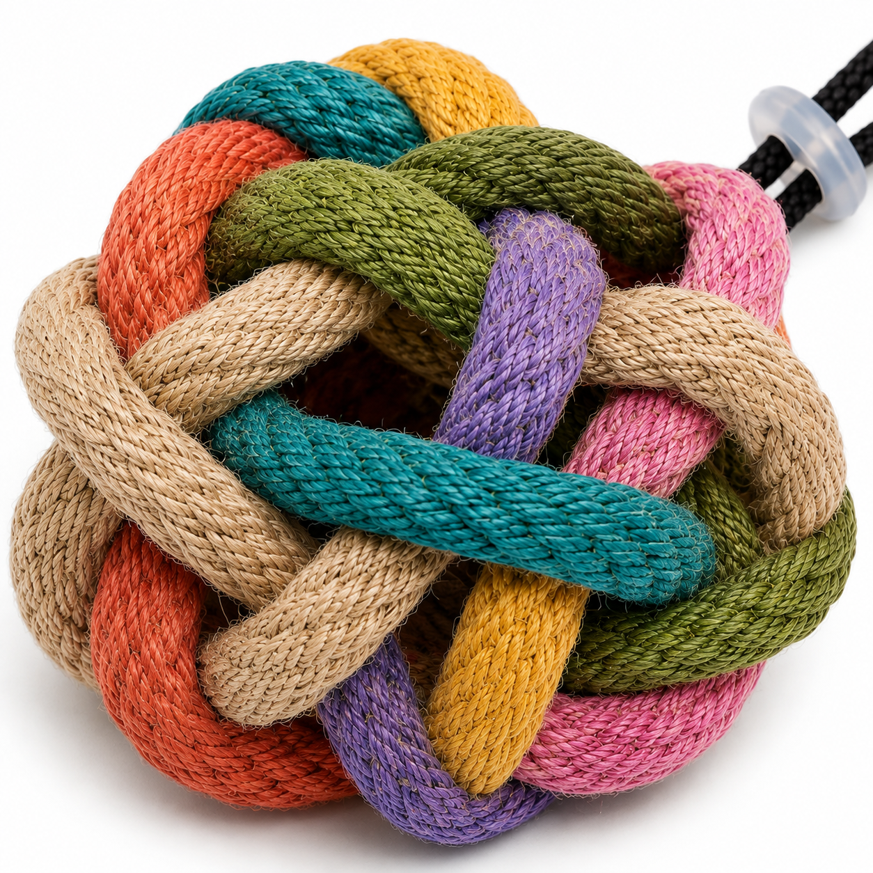 multicoloured woven knot ball cat toy with loop multicoloured woven knot ball cat toy with loop