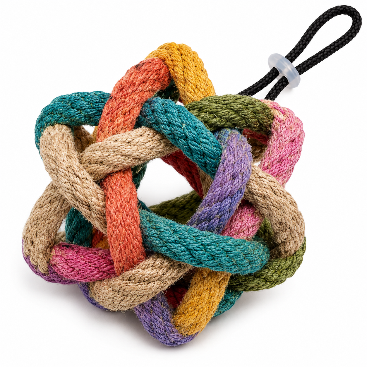 multicoloured woven knot ball cat toy with loop multicoloured woven knot ball cat toy with loop