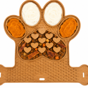 paw shaped dog slow feeder and lick mat with treat compartments – brown